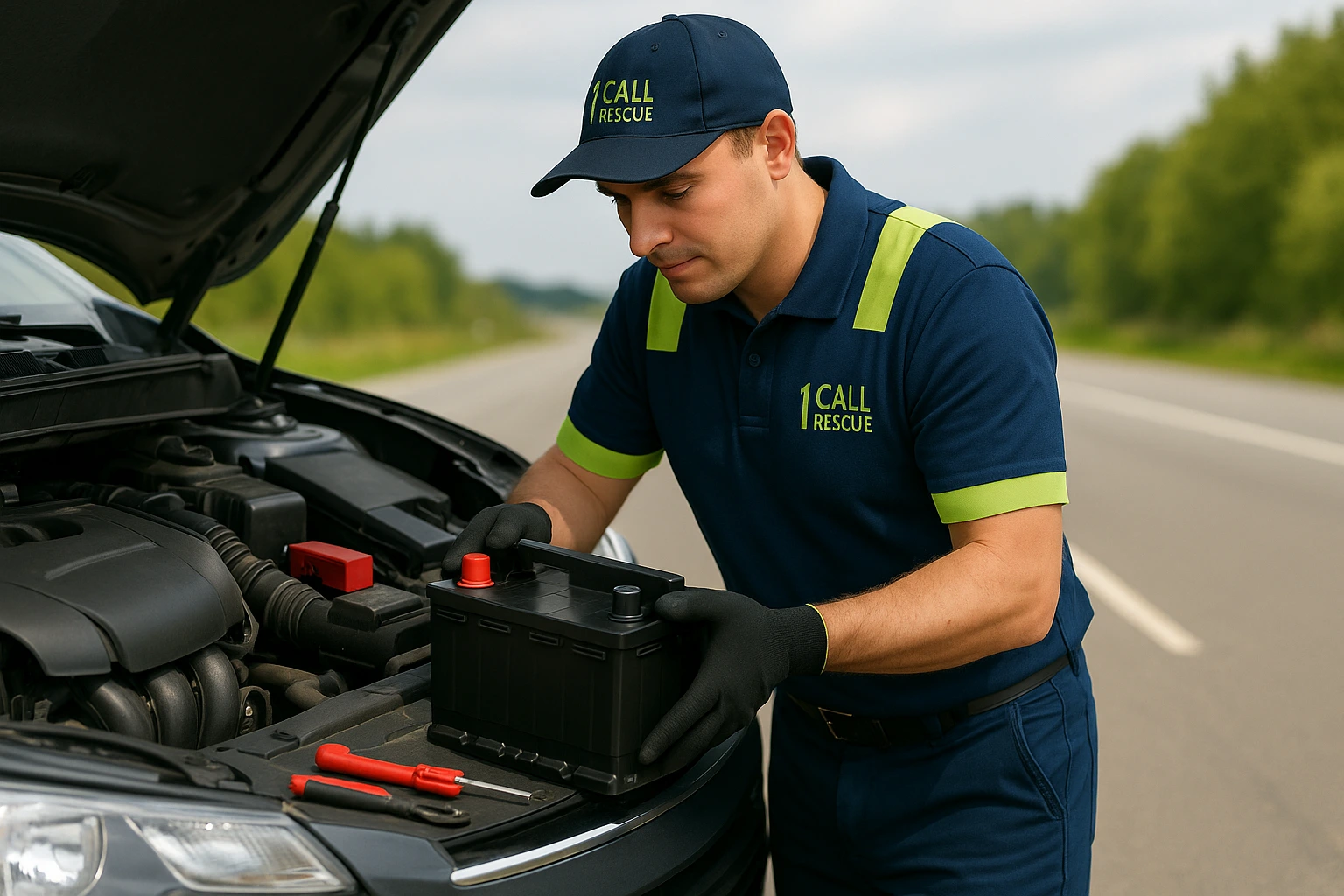 Professional 1 Call Rescue technician replacing car battery with new quality battery in Maple Valley WA - Professional battery replacement service