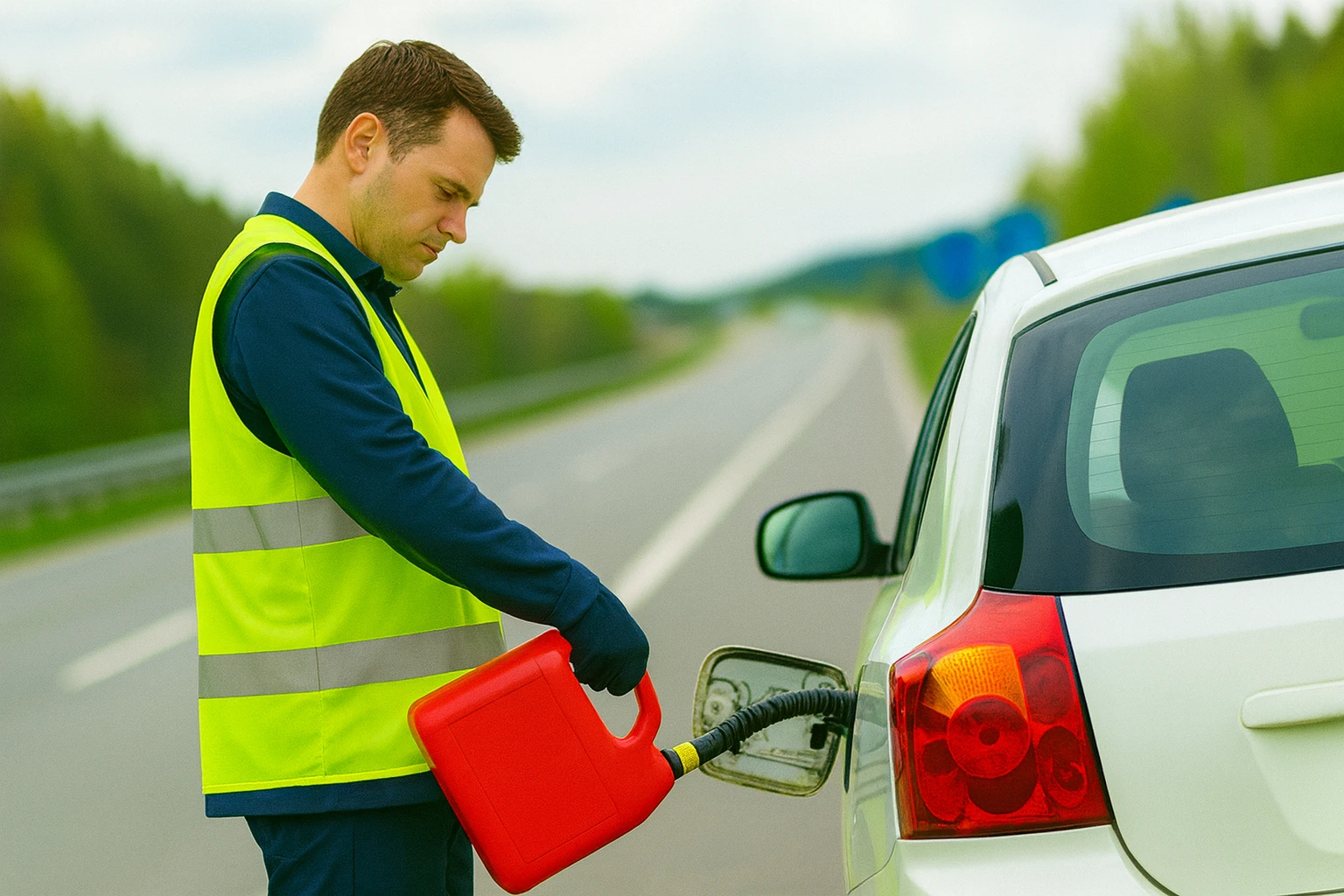 Professional 1 Call Rescue technician delivering emergency fuel to stranded vehicle in Maple Valley WA - Emergency fuel delivery service