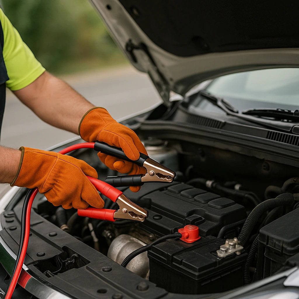 Professional 1 Call Rescue technician performing jump start service on dead car battery in Maple Valley WA - Emergency roadside assistance