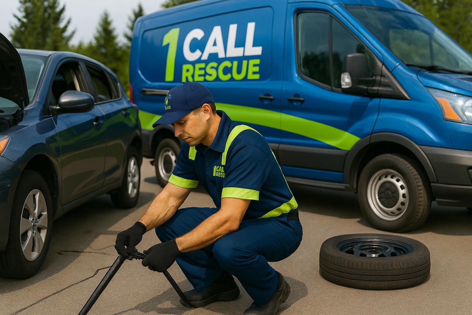 Professional 1 Call Rescue technician changing flat tire safely on roadside in Maple Valley WA - Emergency tire change service