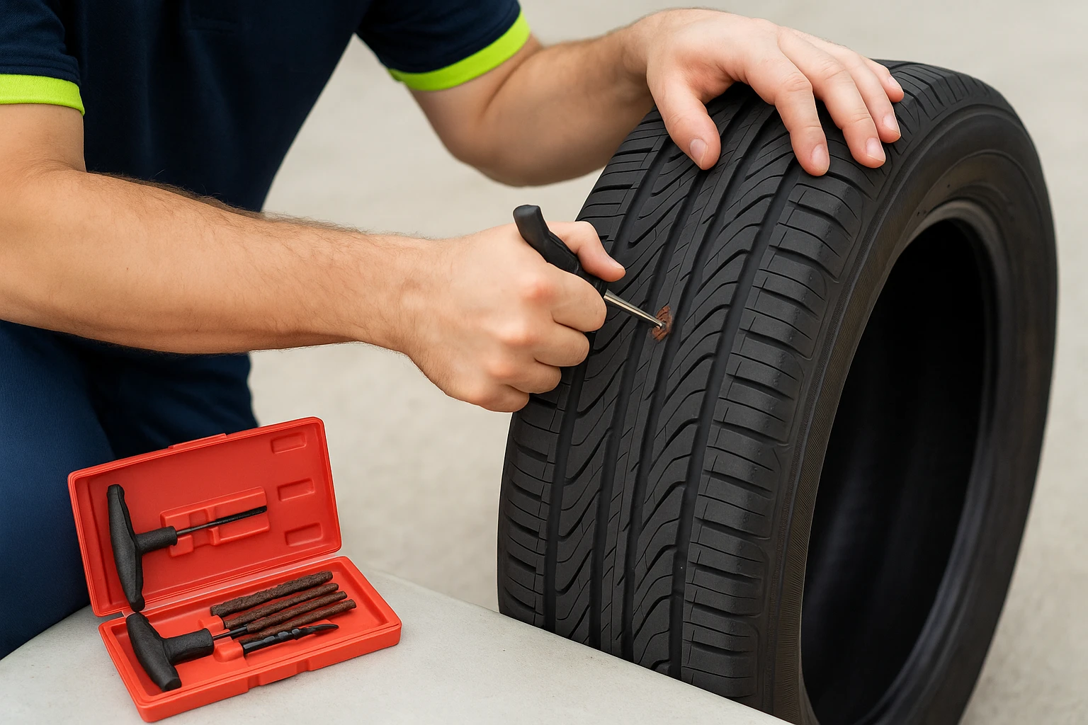 Professional 1 Call Rescue technician performing tire plug repair service on punctured tire in Maple Valley WA - Professional tire repair service